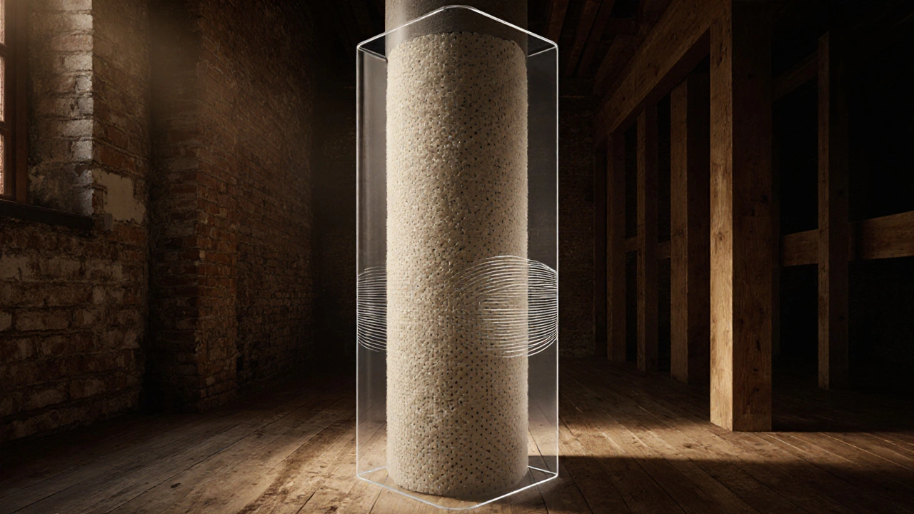 Historische Säule mit durchscheinender akustischer Hülle aus Plexiglas in einem loftartigen Raum.