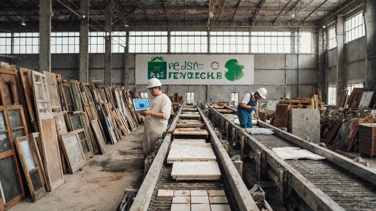 In einer Recyclinghalle werden gebrauchte Bauteile wie Türen und Fliesen sortiert und mit digitalen Materialpässen dokumentiert.