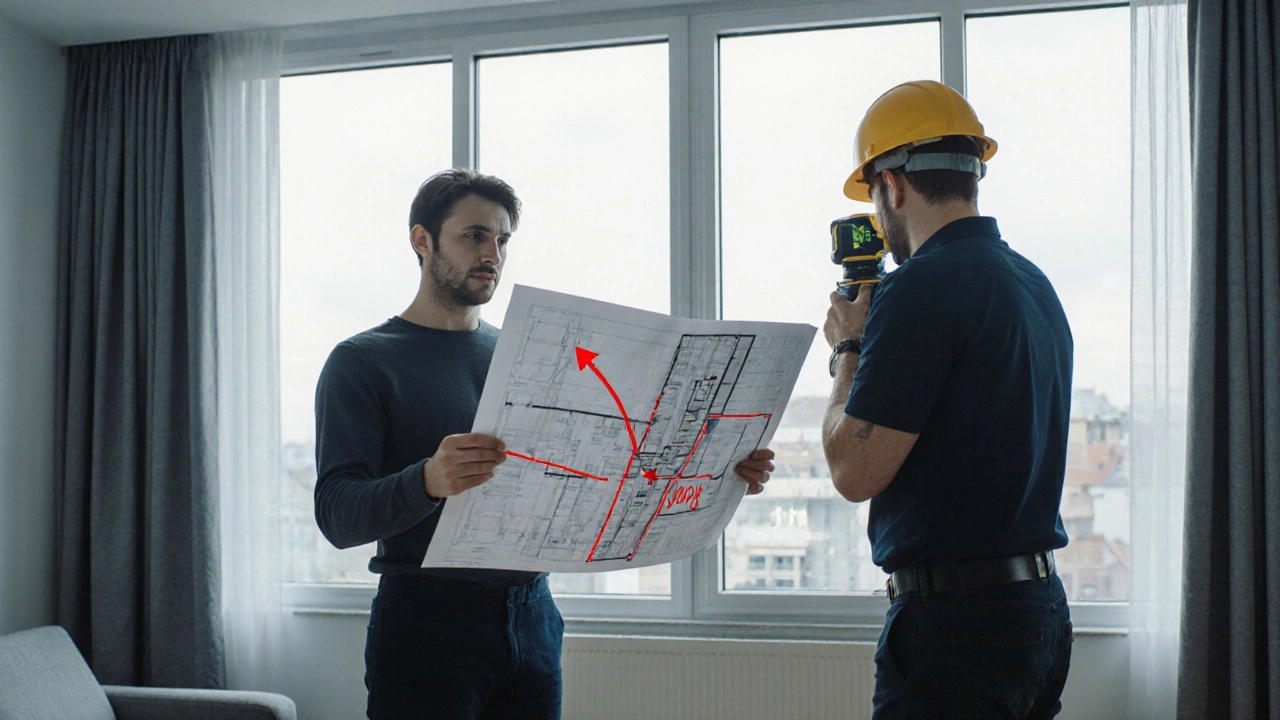 Käufer und Gutachter in Wohnung, Laser-Messgerät zeigt falsche Balkonberechnung