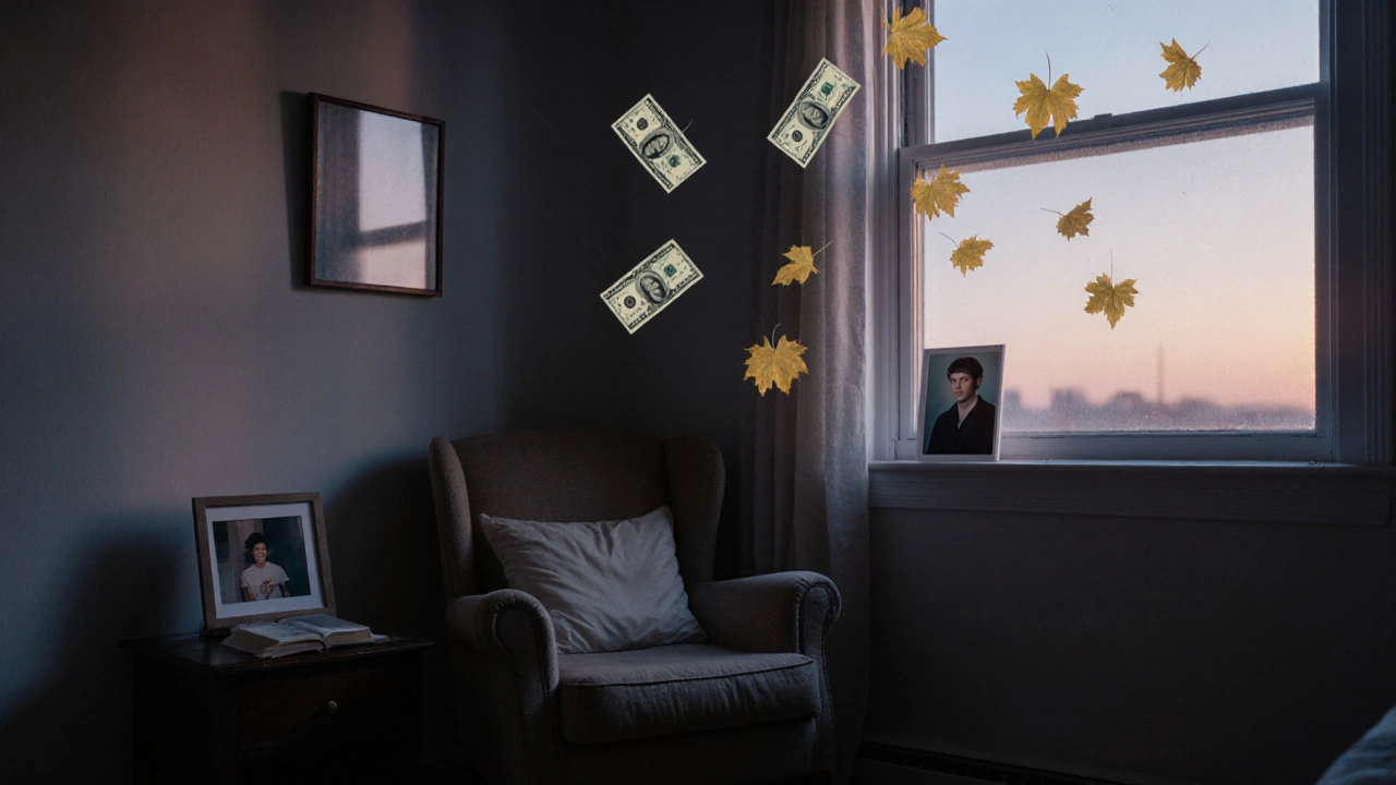 Leeres, geliebtes Zuhause bei Dämmerung mit schwebenden Rentenzahlungen als goldene Blätter.