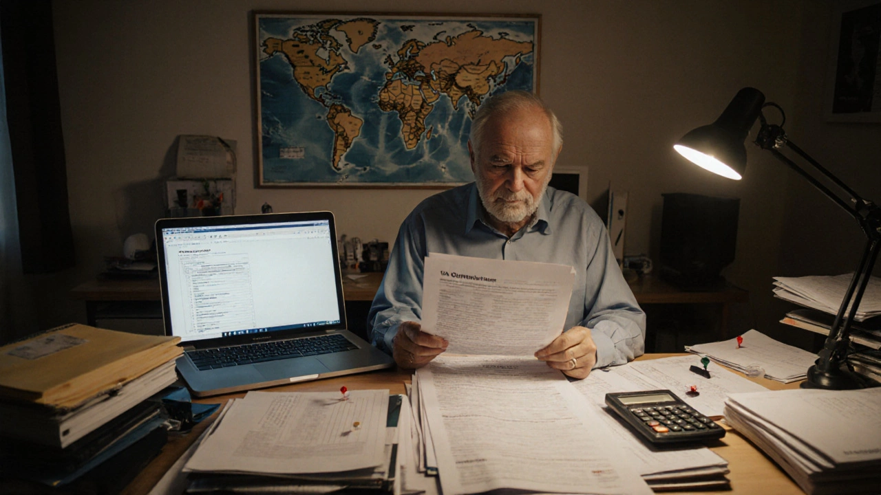 Mann an Schreibtisch mit Steuerunterlagen, Wertgutachten und Weltkarte, dezentes Licht, ernste Stimmung.