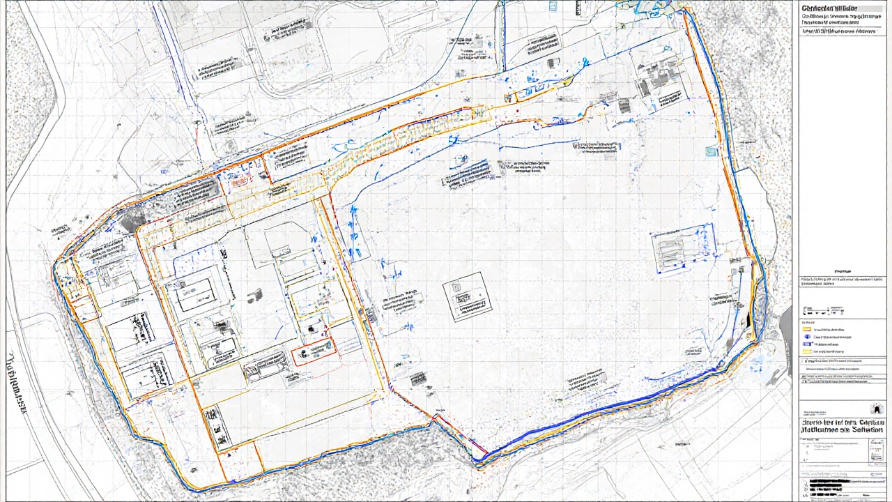 Maßstabsgetreuer Baustellenplan mit Zugängen, Containern und Sicherheitszonen.