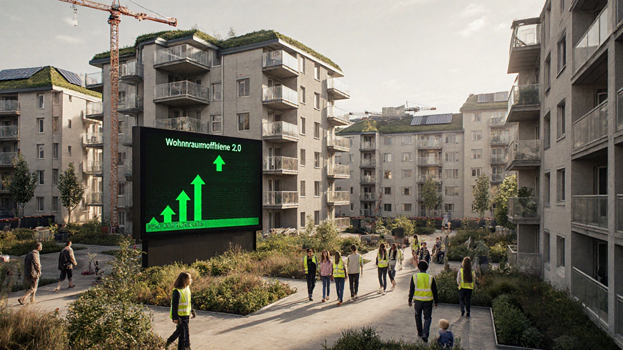 Modernes, dichtes Wohnquartier mit grünen Dächern und aktiver Baustelle.