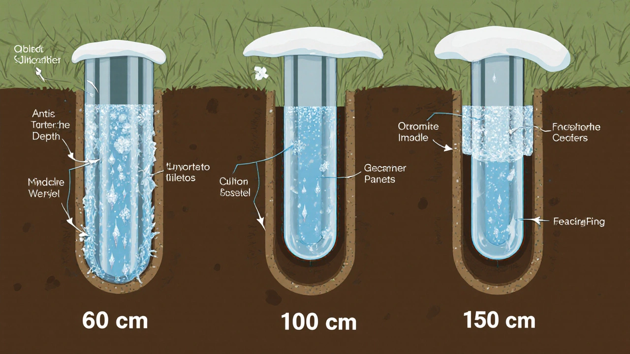 Querschnitt einer unterirdischen Wasserleitung bei verschiedenen Verlegetiefen mit Eisbildung.