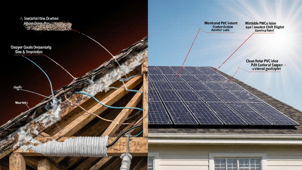 Querschnitt eines alten Daches mit feuchteschädigenden Kabeln und einer sicheren, modernen Lösung daneben.