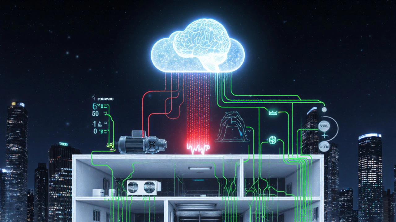 Querschnitt eines Gebäudes mit Datenströmen von Sensoren zur KI-Analyse und Optimierung von Energieverbrauch.