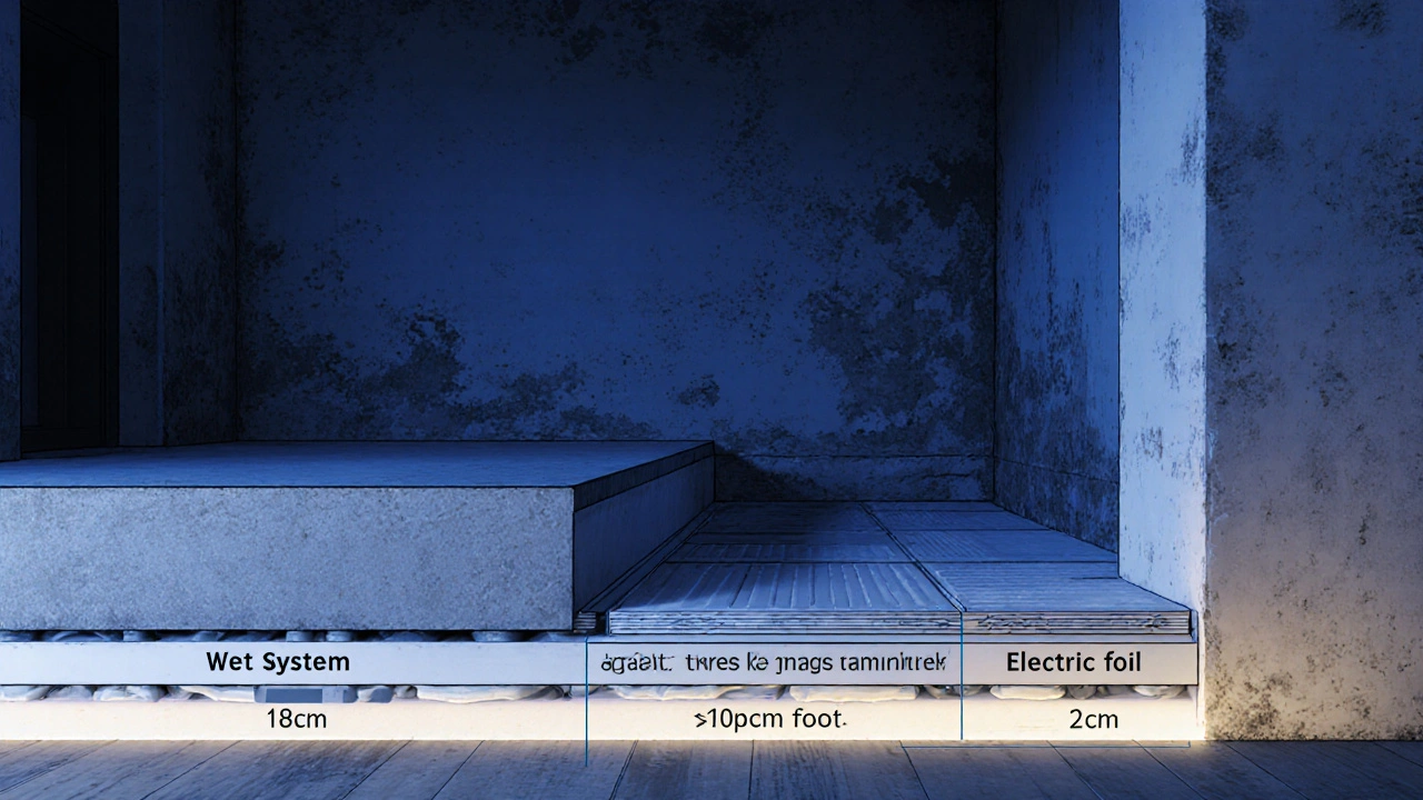 Querschnitts-Darstellung dreier Fußbodenheizungssysteme mit Höhenunterschieden in einem Altbau.