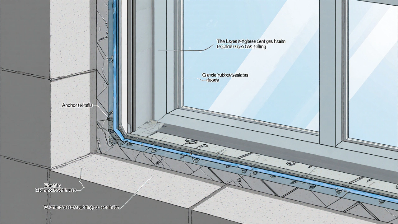 Schnittansicht eines wasserdichten Kellerfensters mit Mehrschichtendichtungen und verankertem Rahmen im Mauerwerk.