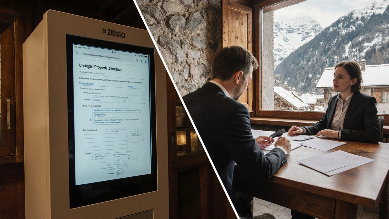 Schweizer Notar berät Käufer in einem kantonalen Amt, während digitale und papierbasierte Systeme nebeneinander sichtbar sind.