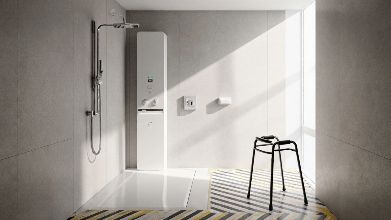 Smartes Badezimmer mit antimikrobiellen Oberflächen und automatischer Duschsteuerung, modern und lichtdurchflutet.