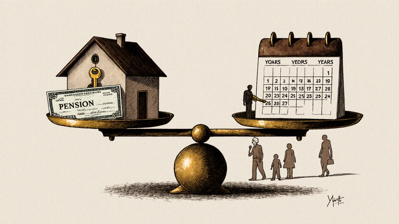 Symbolische Waage zwischen Haus und Rente, mit abnehmenden Schatten der Kinder.