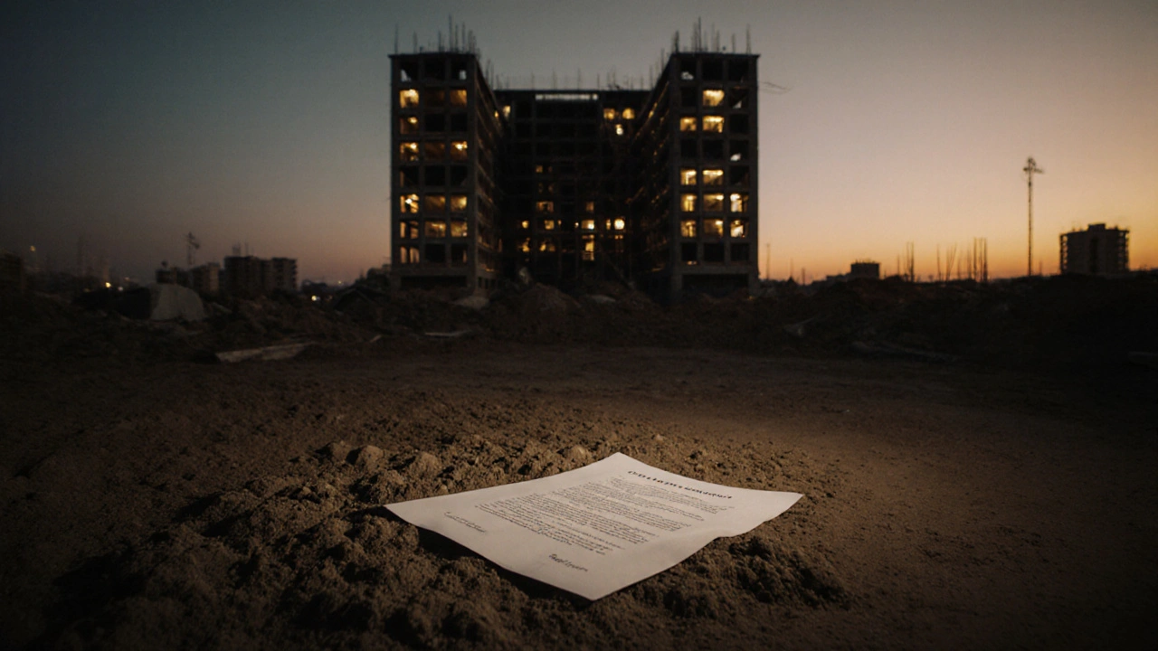 Unterzeichnete Vertragsurkunde liegt verlassen auf einer Baustelle bei Dämmerung.