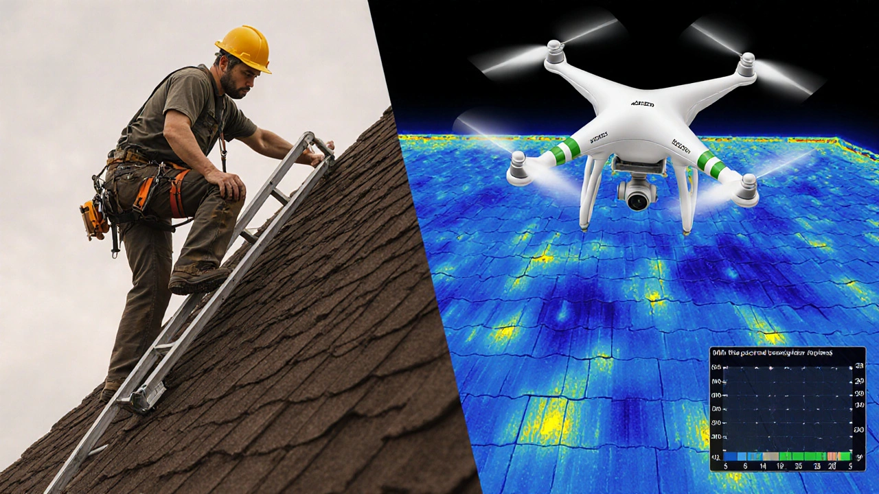 Vergleich: Dachdecker klettert gefährlich auf Leiter vs. Drohne erfasst Dach sicher aus der Luft.