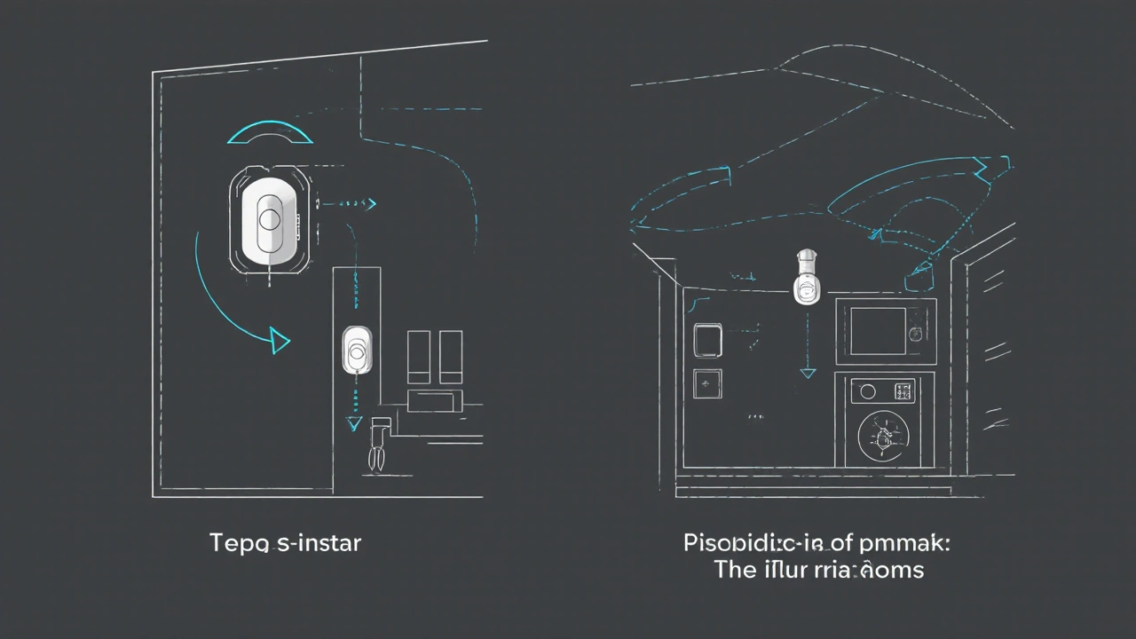 Vergleich der korrekten und falschen Sensorplatzierung in einem Gebäude: präzise technische Darstellung mit Pfeilen und Symbolen.