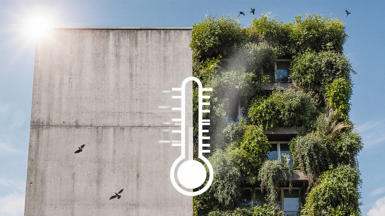 Vergleich von grauer Betonfassade und begrünter Wand mit Temperaturunterschied und Vögeln.