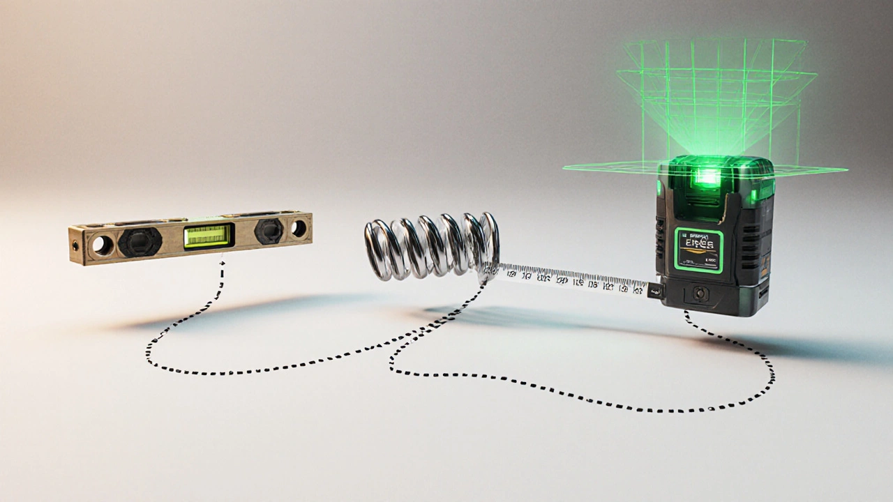 Vergleich von klassischer Wasserwaage, Maßband und Laser-Wasserwaage in einem minimalistischen Raum.