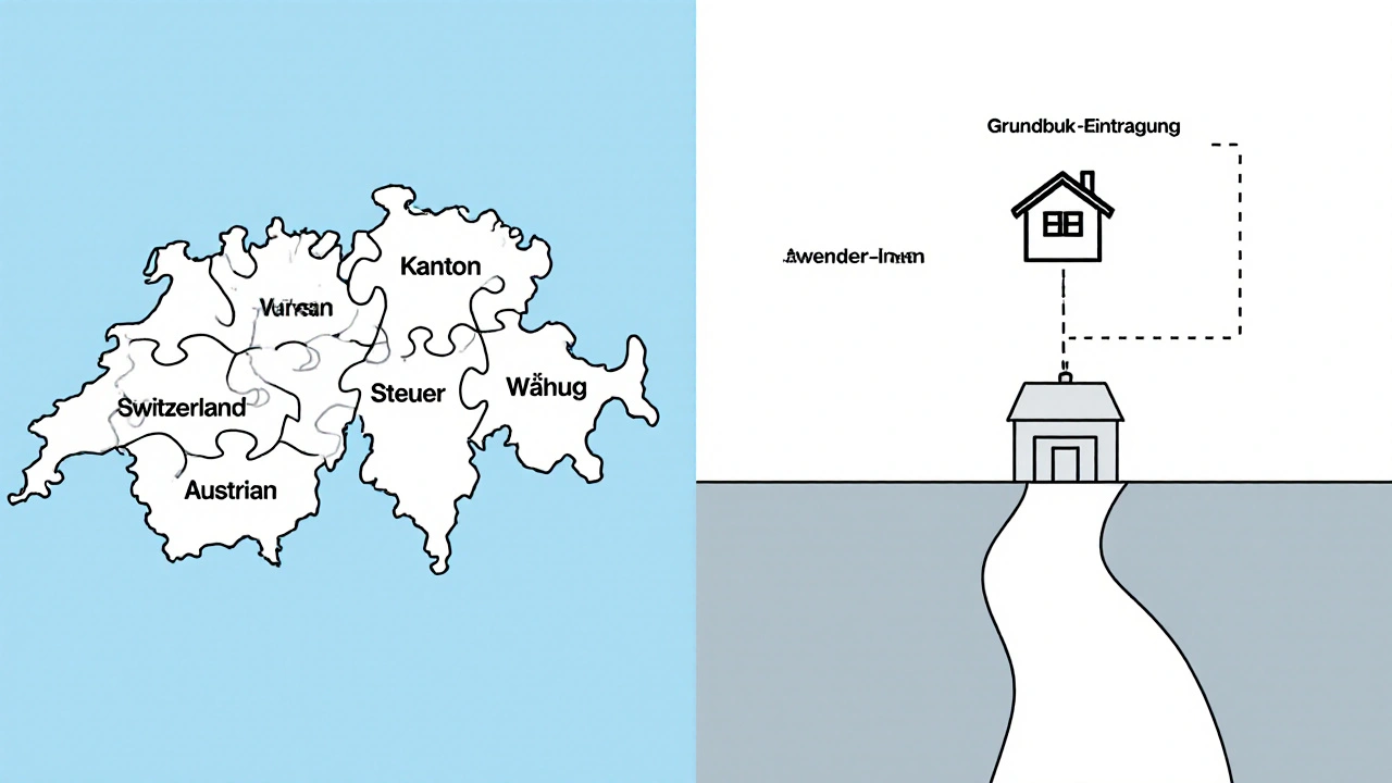 Vergleichende Symbolik: Österreichs klarer Weg zum Eigentum versus die zerstückelte Schweizer Kantonspuzzle-Lösung.