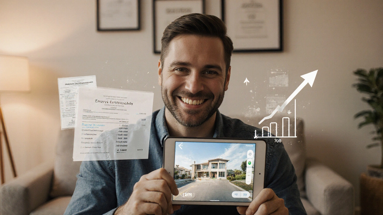 Verkäufer in eigenem Wohnzimmer während Videoanruf, ruhig und selbstbewusst, mit Renovierungsbelegen an der Wand.