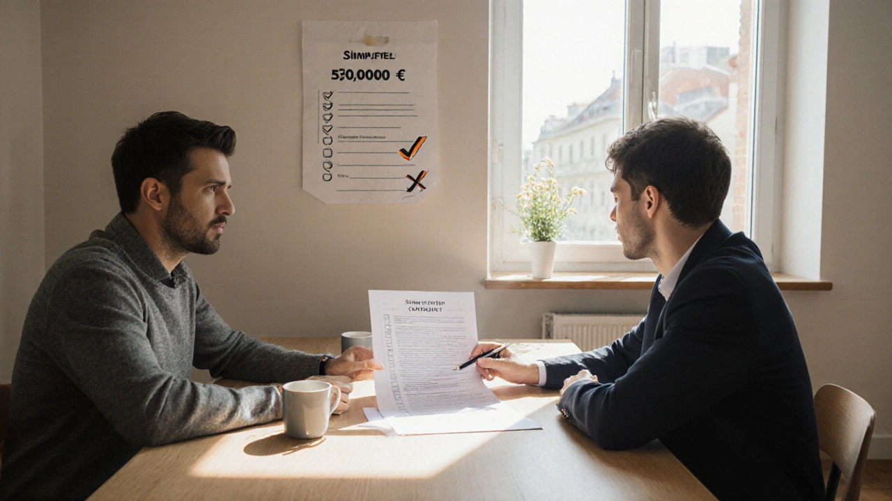 Verkäufer und Käufer vereinfachen Kaufvertrag an einem Küchentisch