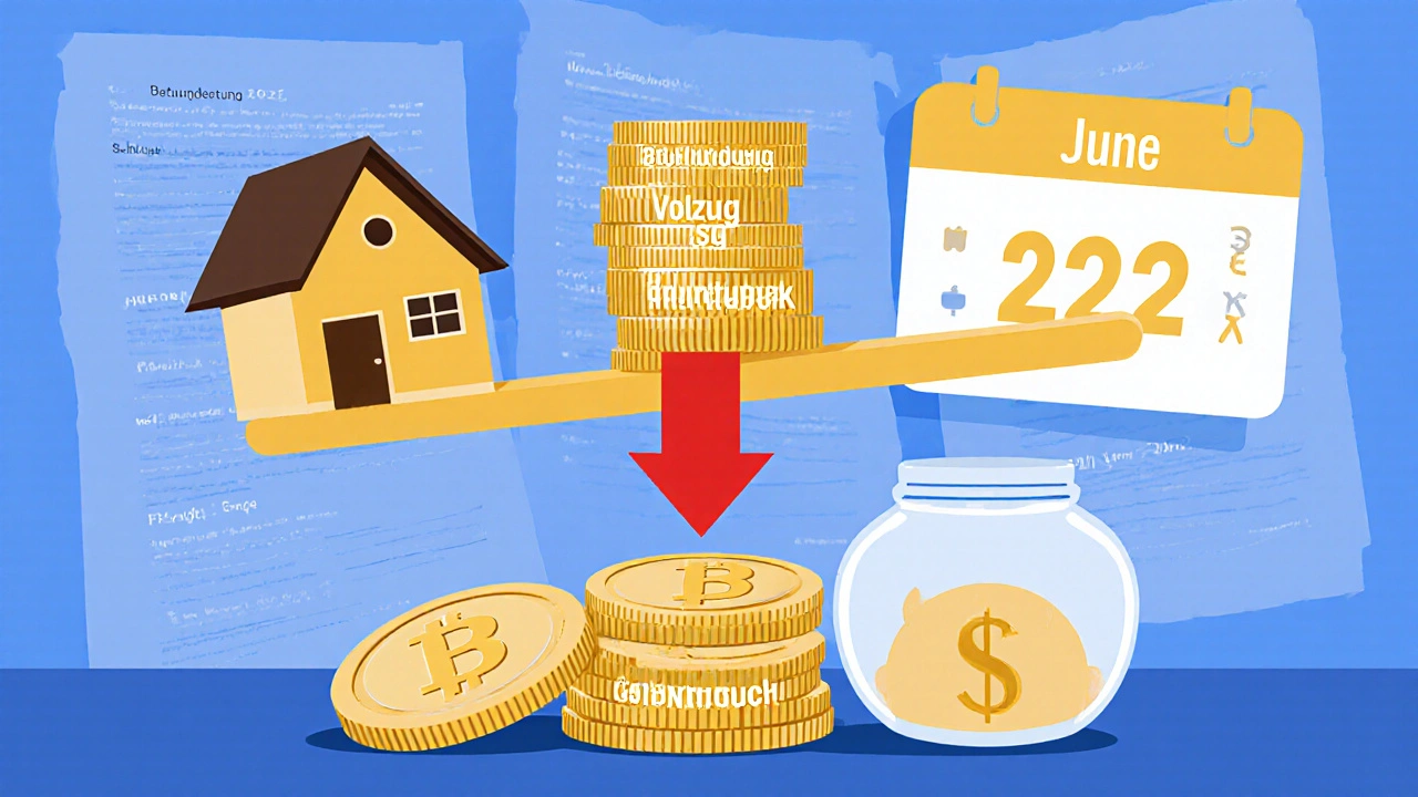 Waage mit Haus und Notarkosten, die in ein Sparbuch fallen