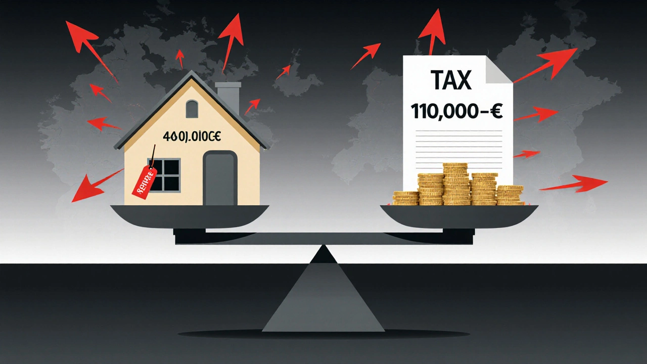 Waage mit Haus und Steuerbetrag: 400.000 € Gewinn gegen 106.000 € Steuer, Deutschland-Karte im Hintergrund.