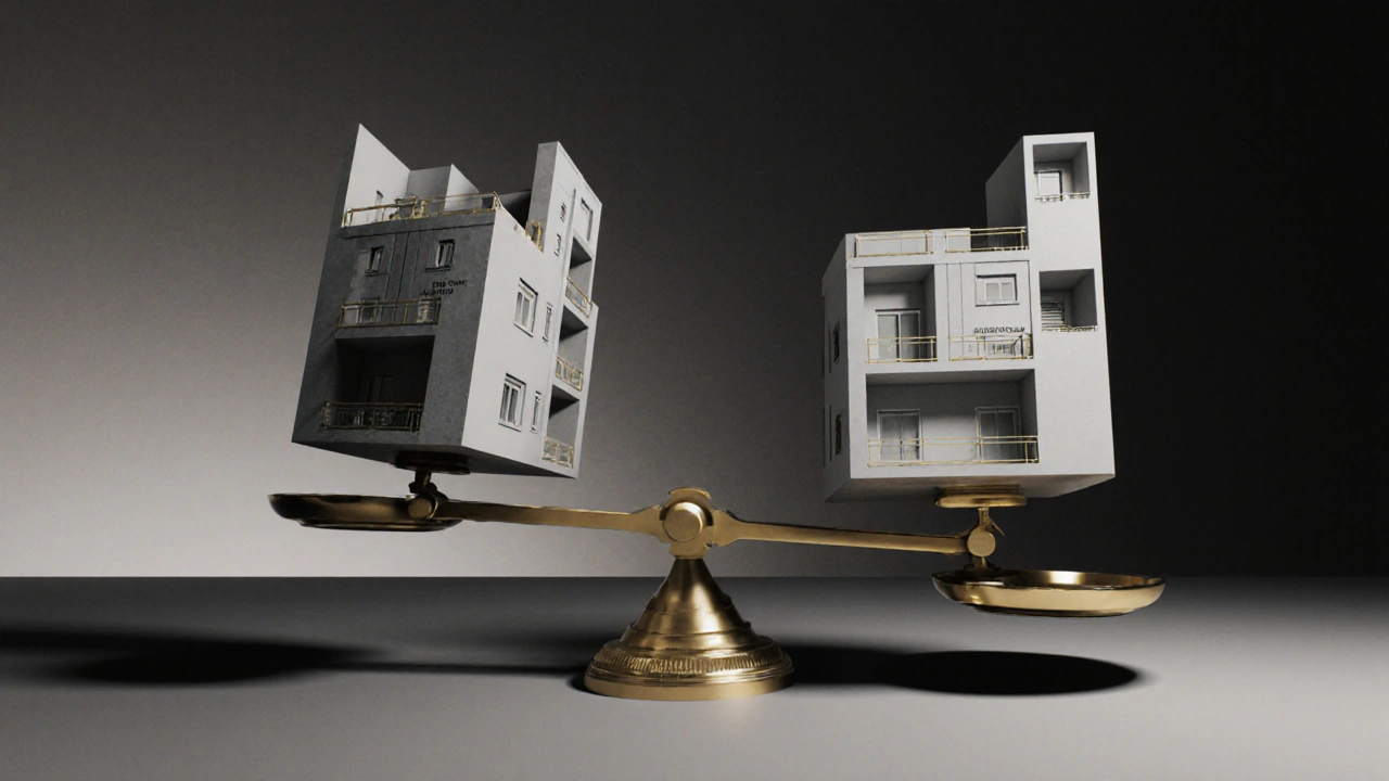 Waage mit präziser Wohnungsmessung links und überzeichnetem Flächenansatz rechts