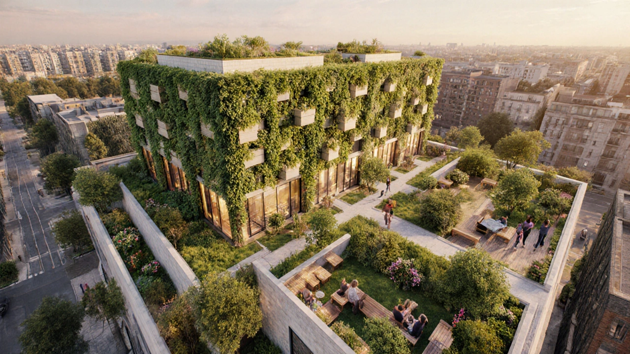 Wohnhaus mit intensiv begrüntem Dachgarten und begrünter Fassade, Bewohner entspannen auf der Terrasse.