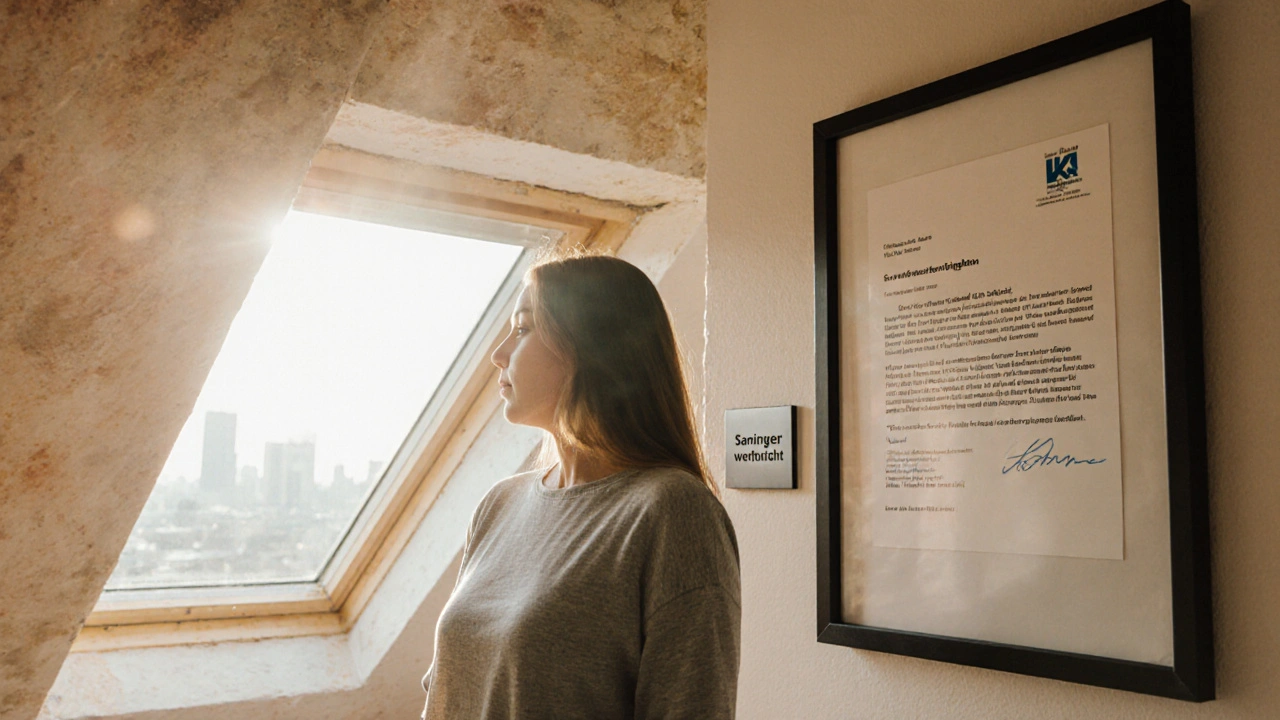 Zufriedener Hausbesitzer in neu renoviertem Dachgeschoss mit KfW-Bestätigung an der Wand.
