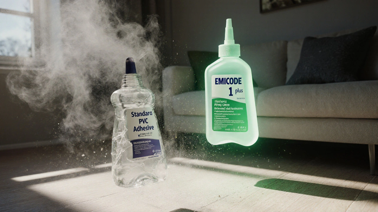 Zwei Kleberflaschen im Kontrast: einer mit giftigen Dämpfen, der andere mit grünem Licht, über einem modernen Boden.