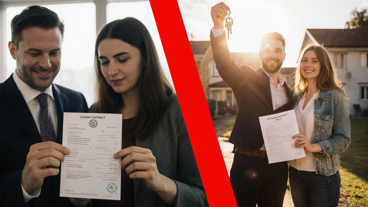 Zwei Szenen: links ein Paar mit verlorener Reservierungsgebühr, rechts dasselbe Paar mit Schlüsseln und notariellem Vertrag.