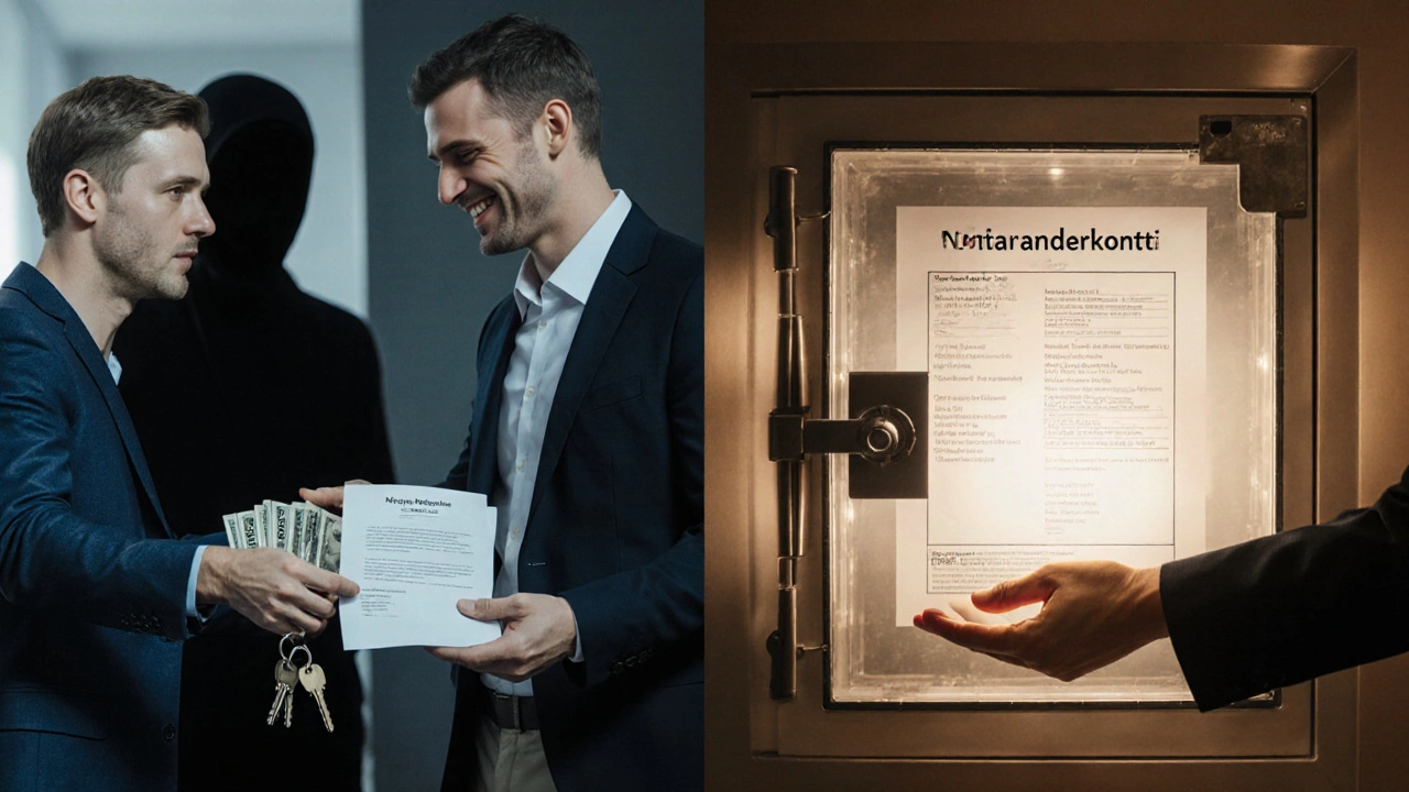 Zwei Szenen: Links riskante Direktzahlung, rechts sichere Notar-Truhe mit bestätigter Grundschuldlöschung.