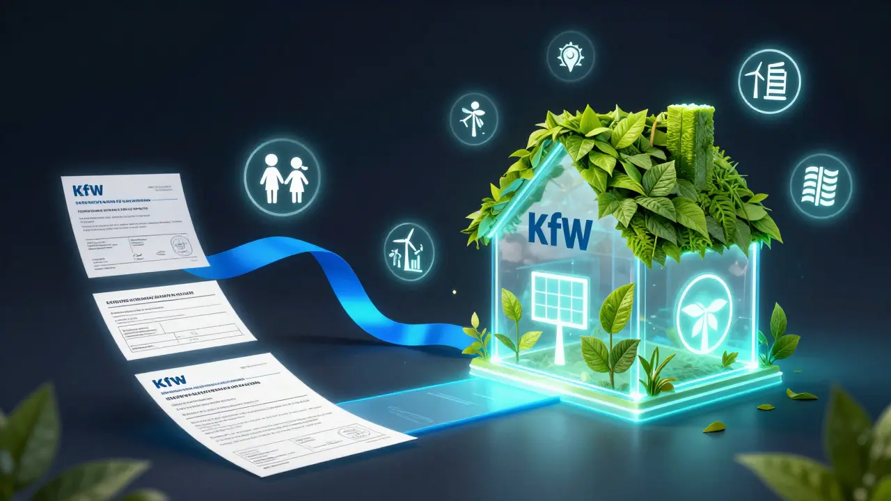 Abstrakte Darstellung eines KfW-Förderkredits, der sich in ein grünes Haus verwandelt.
