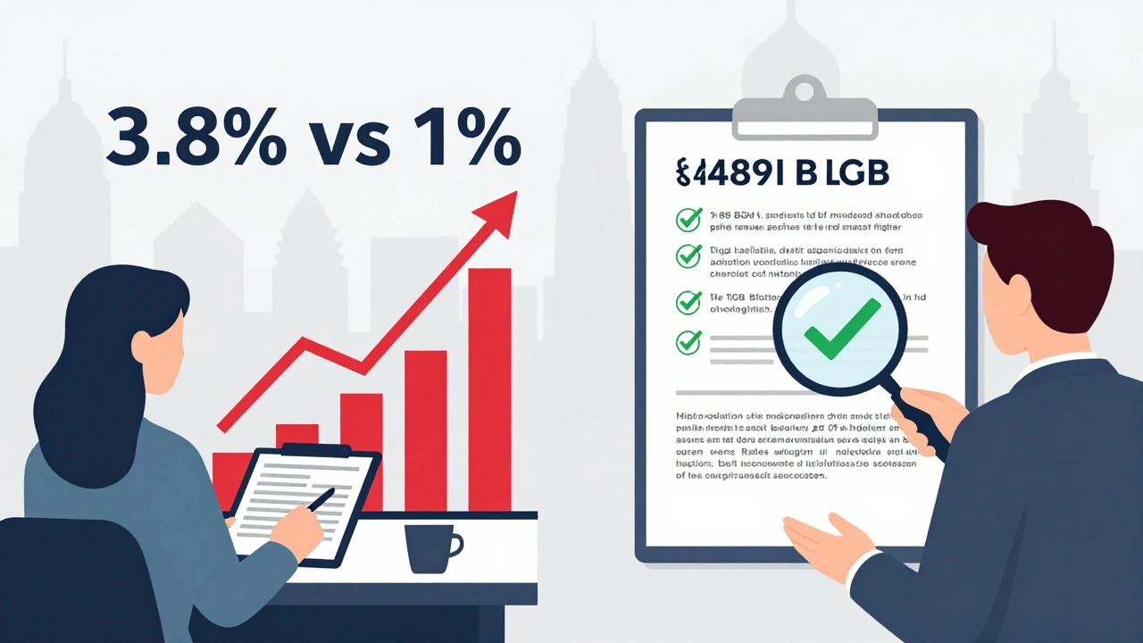Aufteilung: Bank berechnet hohe Gebühr links, Berater prüft Vertrag rechts mit rechtlichen Hinweisen.