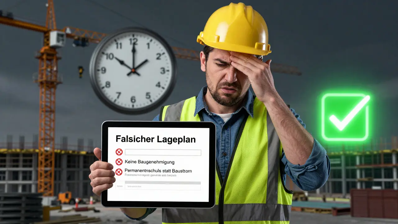 Bauarbeiter mit abgelehntem Antrag auf Tablet, fehlende Genehmigung und falscher Anschluss als Fehler, Uhr zeigt Verzögerung.