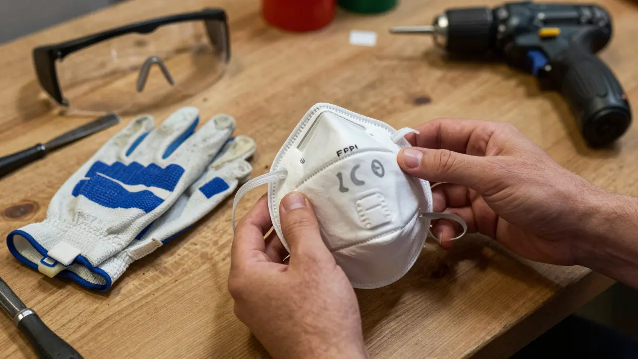 Detailaufnahme einer zertifizierten FFP2-Maske und Schnittschutzhandschuhe auf einer Werkbank.