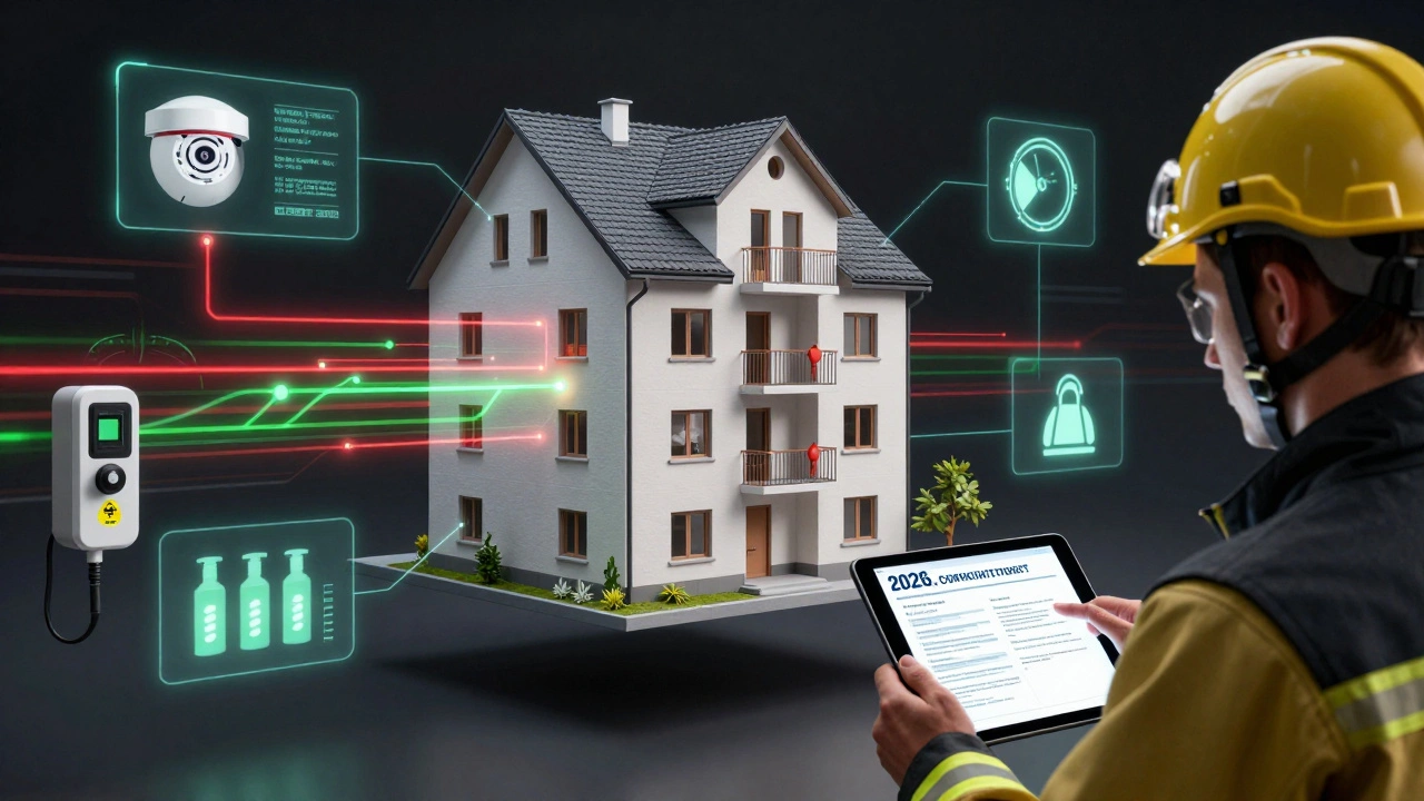 Digitaler BIM-Modellansicht eines Mehrfamilienhauses mit Echtzeit-Brandschutzdaten und Sachverständigem.