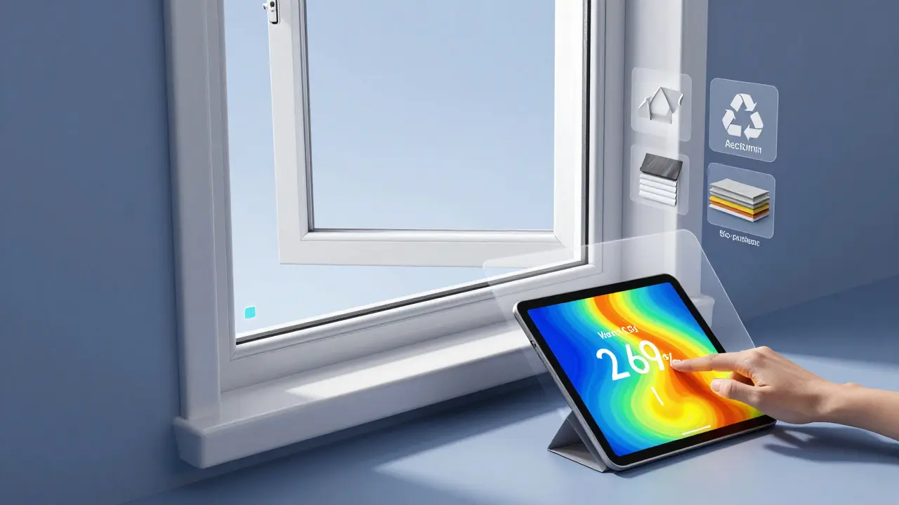 Digitales 3D-Tool zeigt die Anpassung einer Fensterbank mit Wärmedämmungsanalyse.