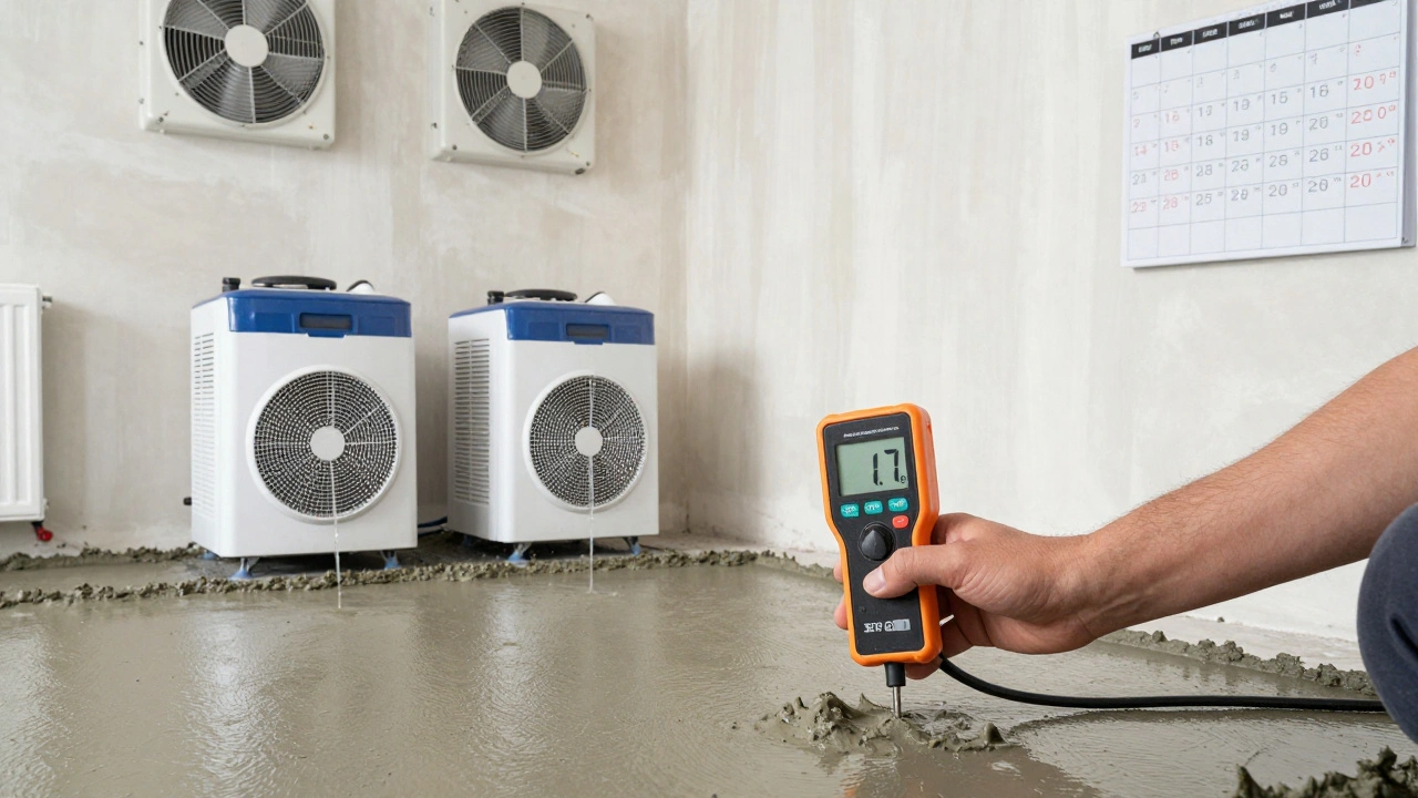 Ein Fachmann misst mit einem Feuchtigkeitsmessgerät den Wassergehalt in einem frischen Estrich.