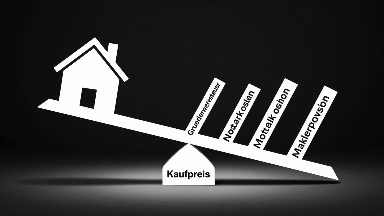 Eine Waage mit Haus und Kostenposten zeigt, wie Nebenkosten den Kaufpreis überwiegen.