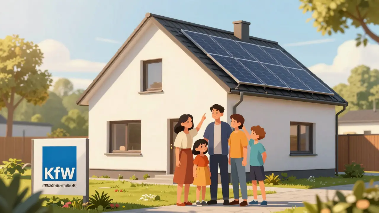 Familie vor ihrem neuen, klimafreundlichen Eigenheim mit Solaranlage.