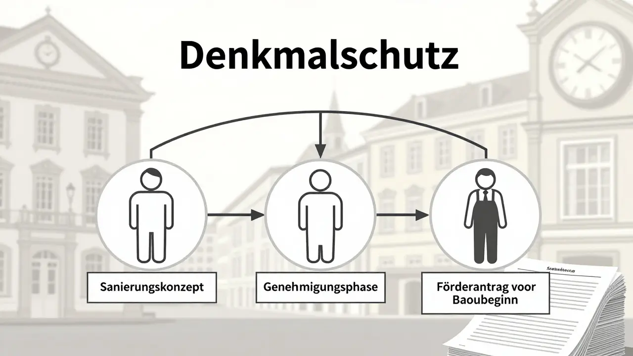 Flussdiagramm der Denkmalschutz-Sanierung mit drei Akteuren und wichtigen Schritten wie Genehmigung und Förderantrag.