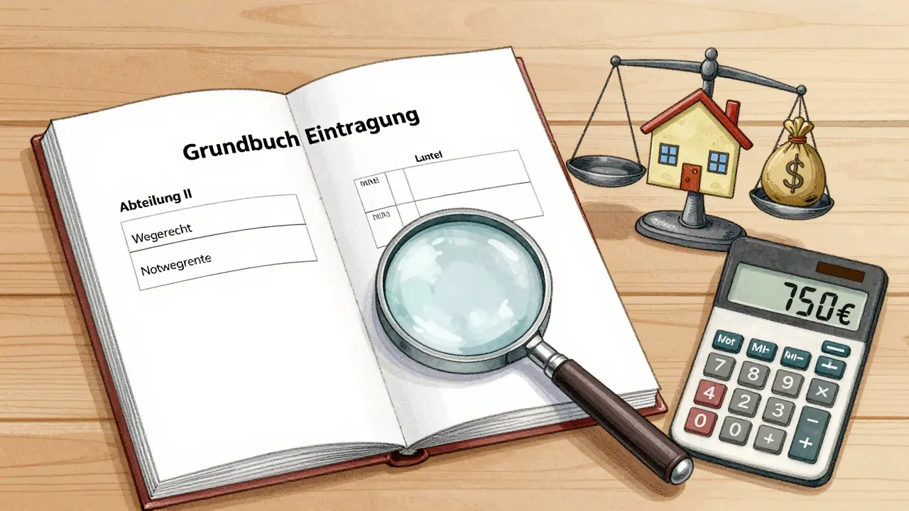 Grundbuch-Eintrag mit Wegerecht und jährlicher Notwegrente von 750 €, vergrößert mit Lupe auf einem Schreibtisch.