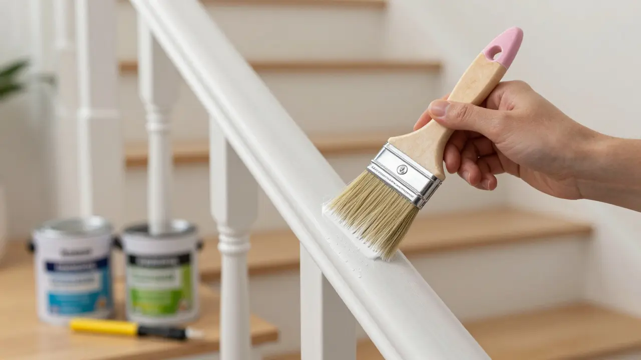 Hand bestreicht die Kante einer Treppe mit Lack, eine Treppenlehre hält den Lack vom Geländer zurück.