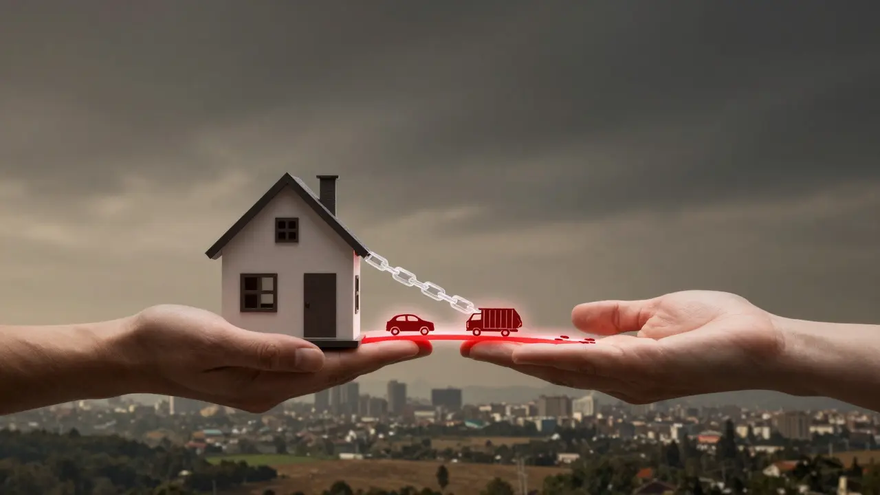 Haus zwischen Käufer und Nachbar, verbunden durch einen rechtlichen Weg mit Fahr- und Gehrechten als Symbol.