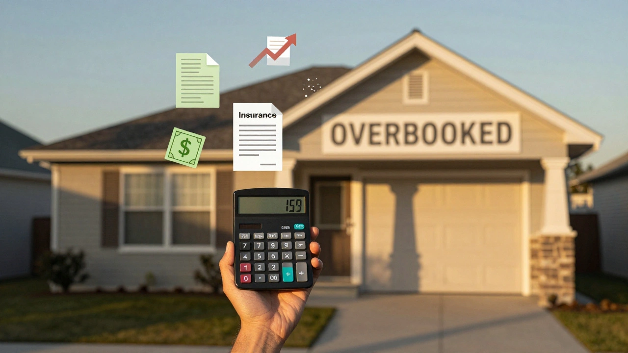 Hausbesitzer vor Ferienhaus, hält Kalkulator mit negativen Zahlen, umgeben von Kosten-Symbolen und Inflationspfeil.