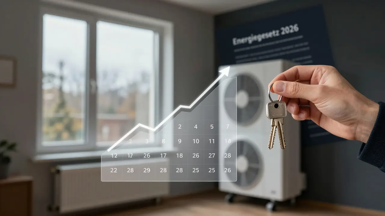 Hausbesitzer vor neuen Fenstern und Heizung, mit transparentem Preisdiagramm und Datum 2025/2026.
