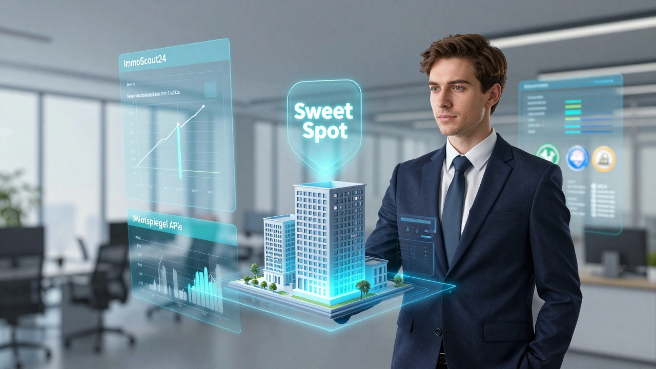 Immobilienmanager sieht Echtzeit-Mietdaten als holographische Ströme in einem modernen Büro.