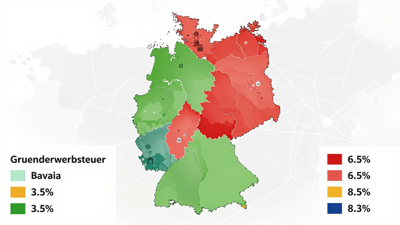 Karte Deutschlands mit farblich gekennzeichneten Grunderwerbsteuersätzen in den Bundesländern.
