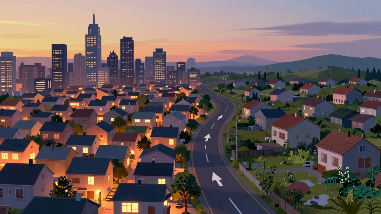 Kontrast zwischen lebendiger Stadt mit steigenden Immobilienwerten und verlassenen ländlichen Gebieten.