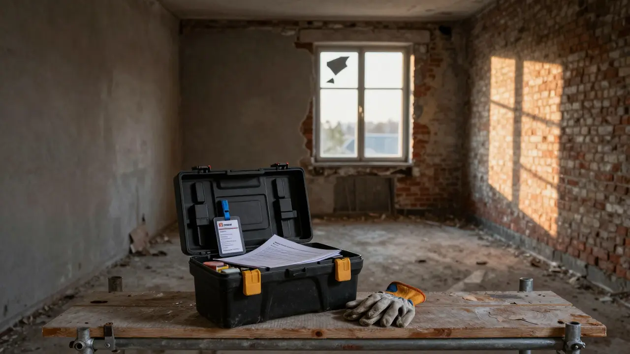 Leere Baustelle eines historischen Gebäudes mit Werkzeugkasten, KfW-Antrag und Arbeitshandschuhen bei Tagesanbruch.